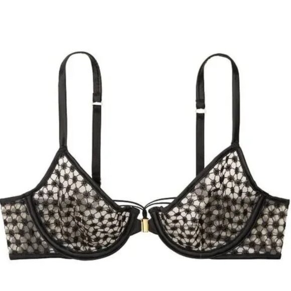 NWT Victoria’s Secret Starburst Black Embroidered Unlined Front Close Demi Bra - Picture 3 of 3